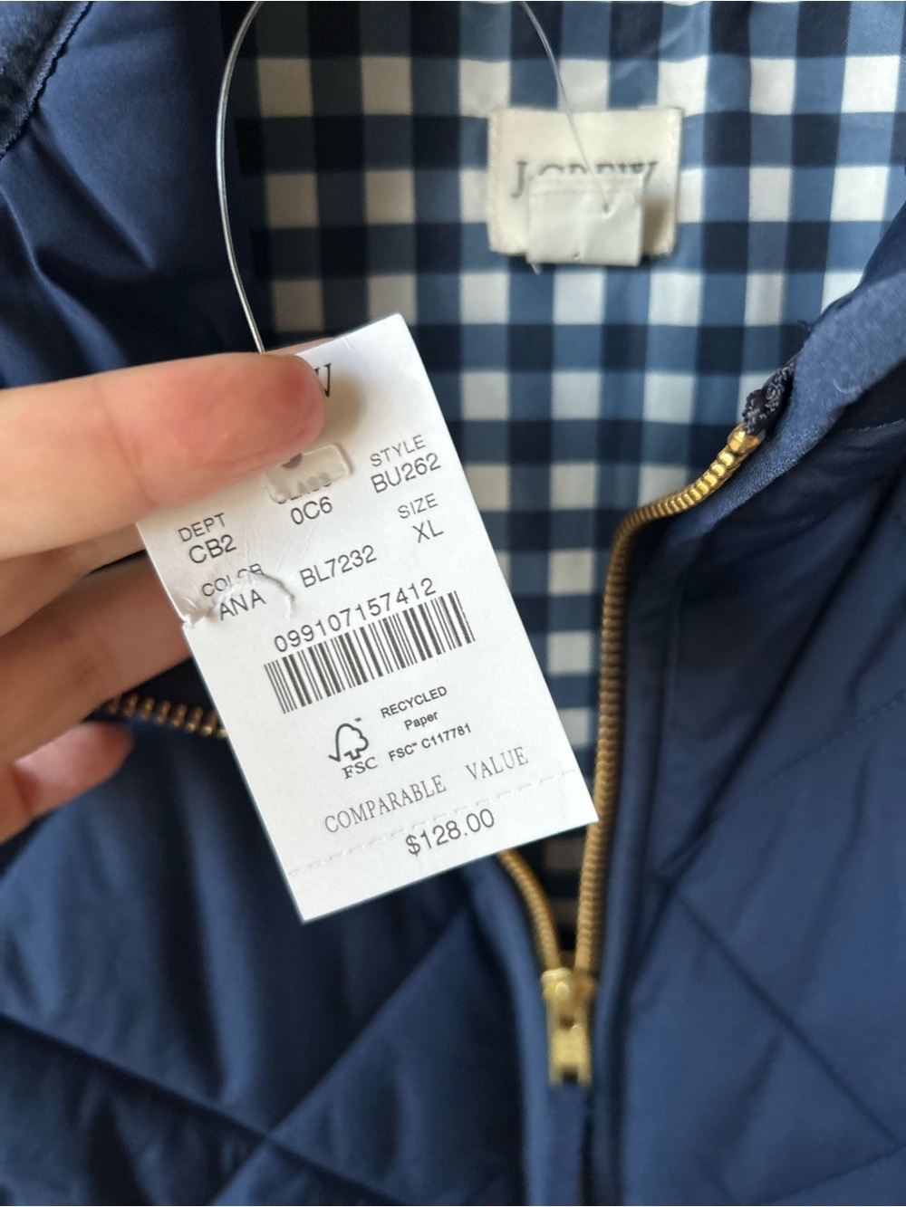 J. CREW Factory Excursion Quilted Vest XL Navy Gingham Lined Snap Pocket NWT - Picture 5 of 8